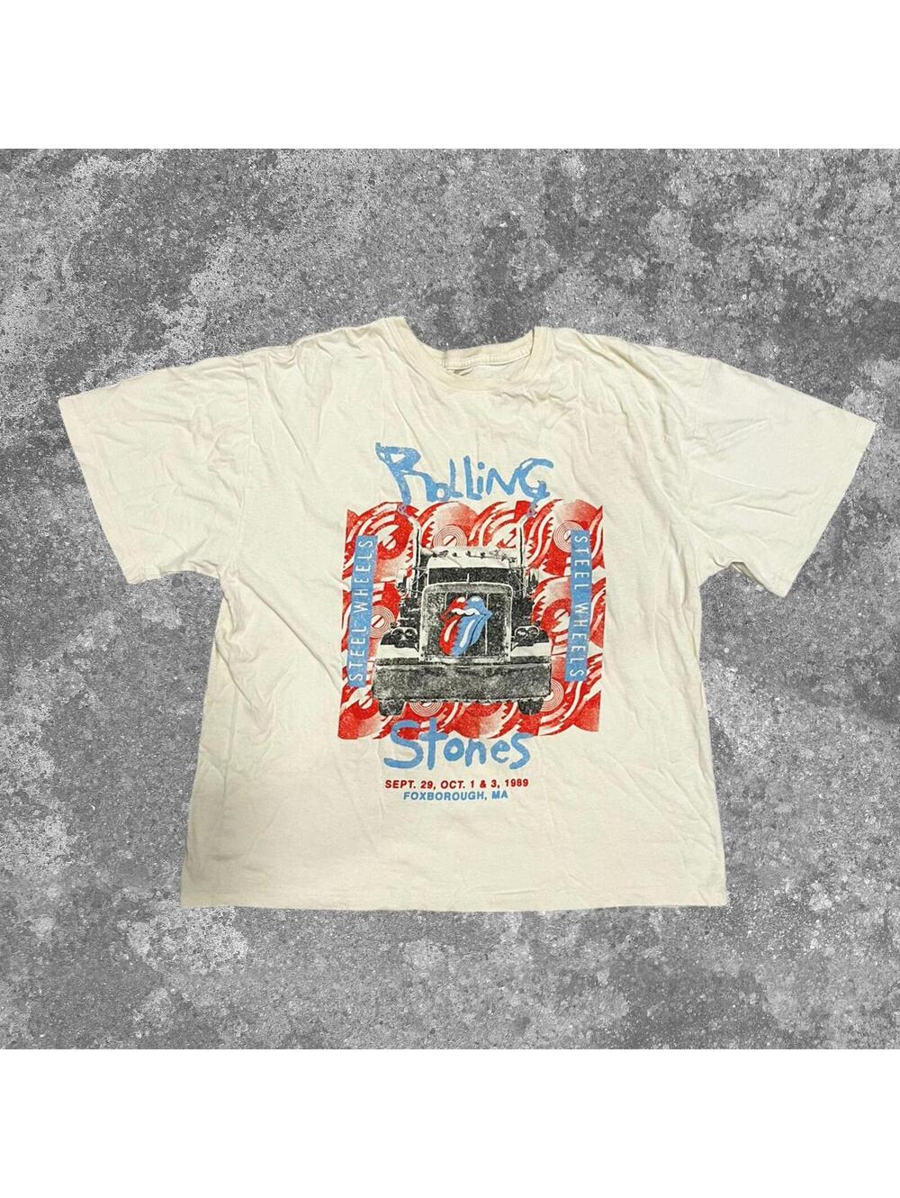 The Rolling Stones Steel Wheels 1989 Tour T Shirt Cream Graphic Band Tee Mens M